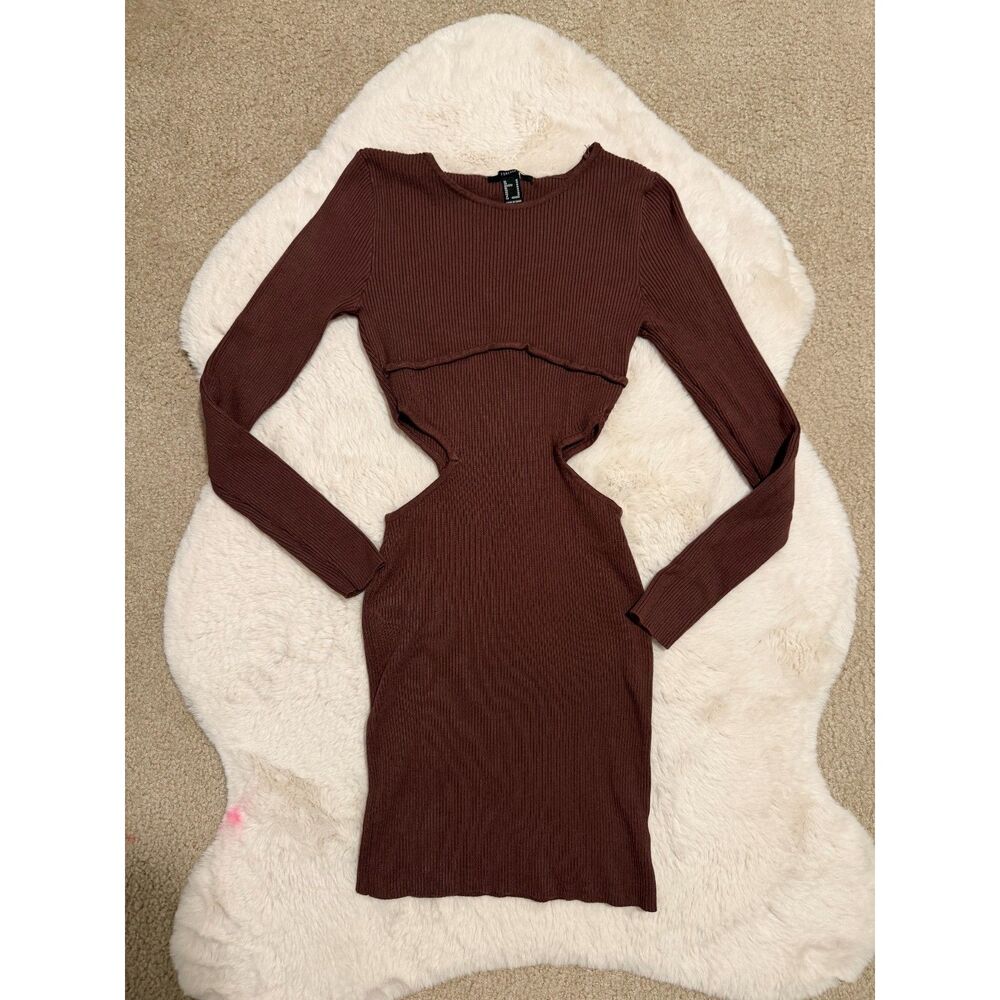 Forever 21 ribbed brown knit long sleeve bodycon dress with waist cutouts
